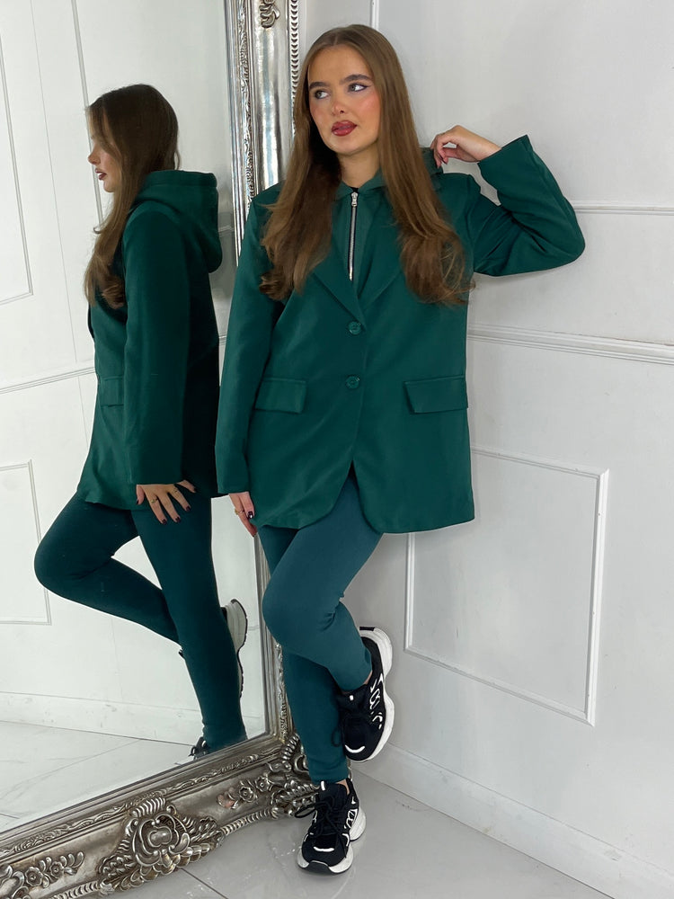 Oversized Blazer With Green Attached Hood - Forest Green