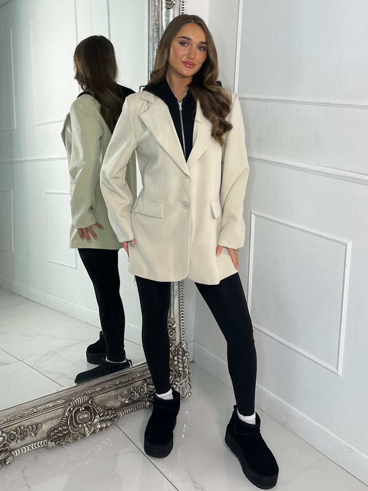 Oversized Blazer With Black Attached Hood - Light Beige
