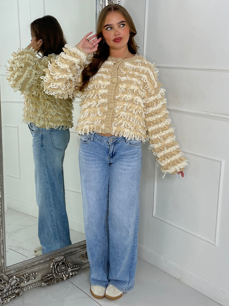Soft Fluffy Loop Detail Cardigan - Beige/Cream Mixed