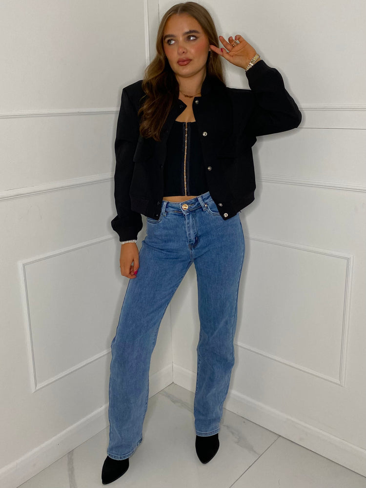 Cropped Pocket Detail Bomber Jacket - Black