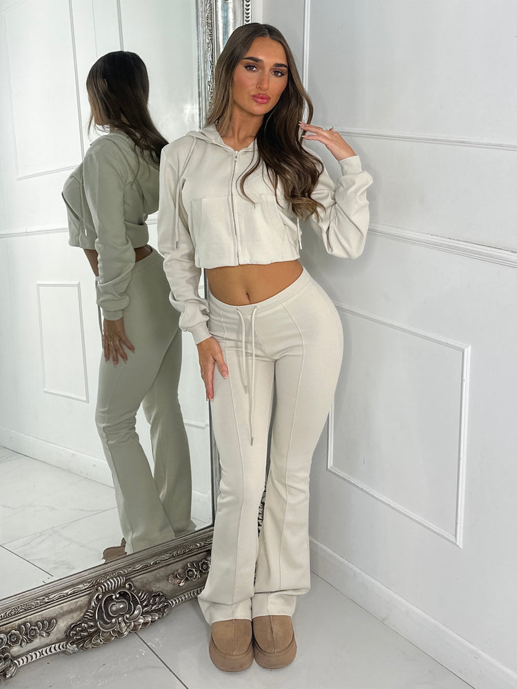 Crop Hoodie & Seam detail Flared Pants - Oatmeal Beige