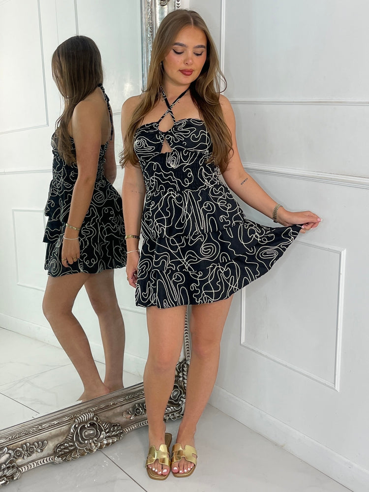 Swirl Textured Ruffle Bandeau Dress - Black