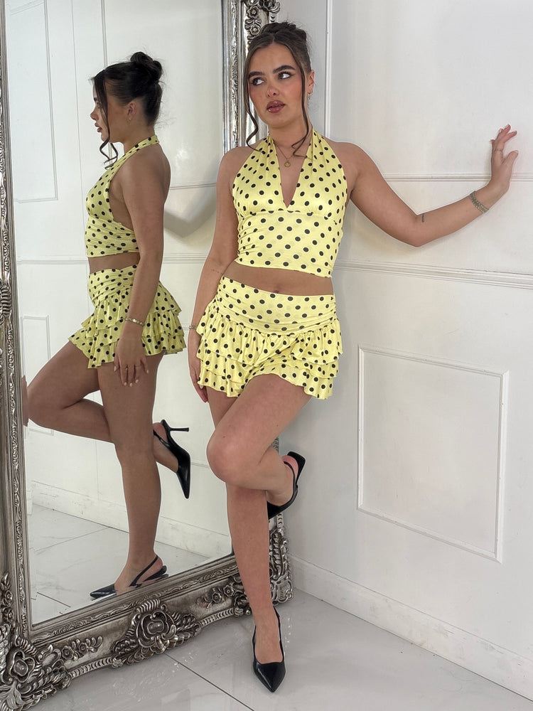 Polka Dot Halter Neck Top & Double Frill Skirt - Yellow