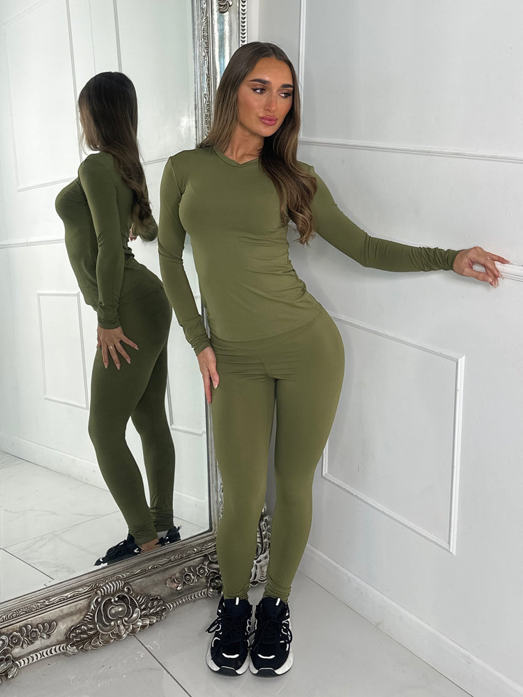 Round Neck Long Sleeve Second Skin Top & Sculpt Panel Leggings - Khaki green