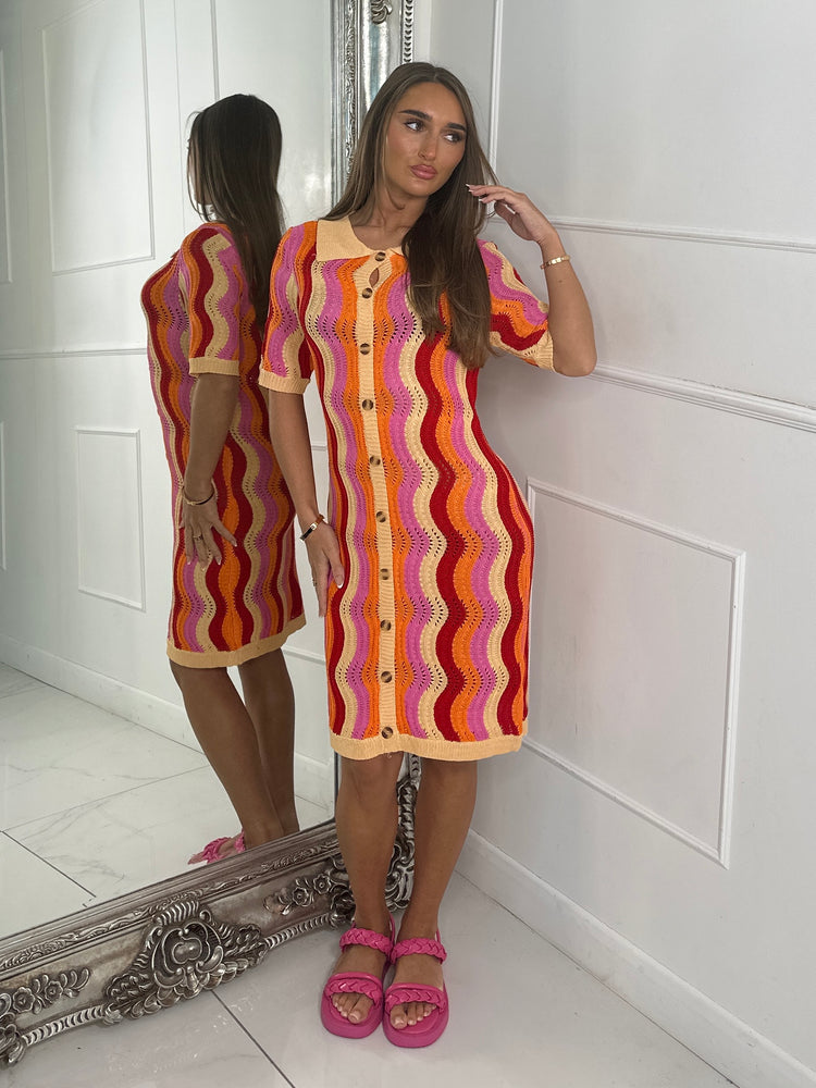 Multi Coloured Collar Detail Crochet Dress - Orange/Pink/Red