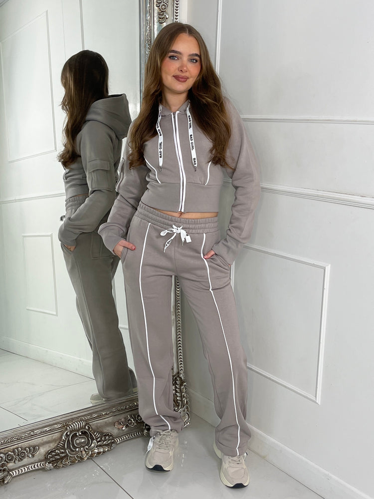 Hooded Drawstring Jacket & Flares With Stripe Detail - Dove Grey & White