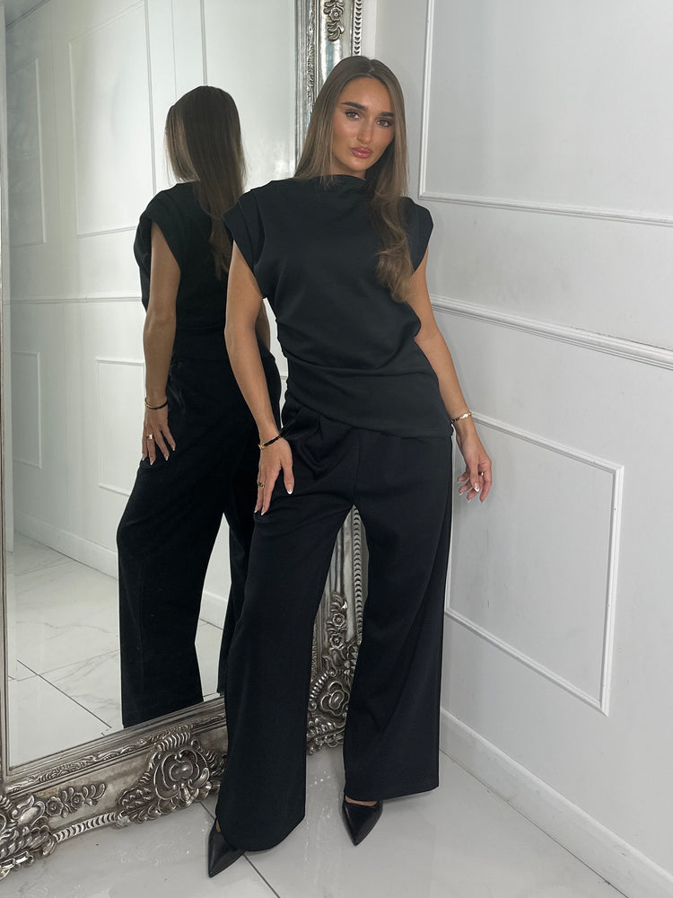Asymmetric padded shoulder top & Flares Co Ord - Black