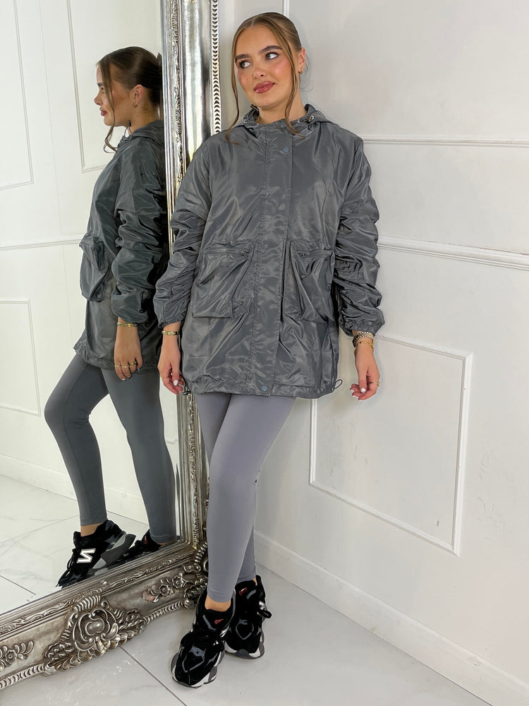 Long Ruched Sleeve Windbreaker Jacket - Charcoal Grey