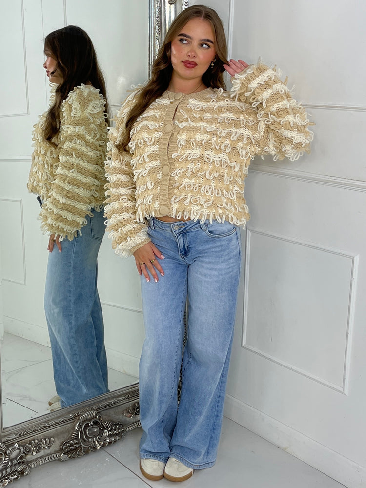 Soft Fluffy Loop Detail Cardigan - Beige/Cream Mixed