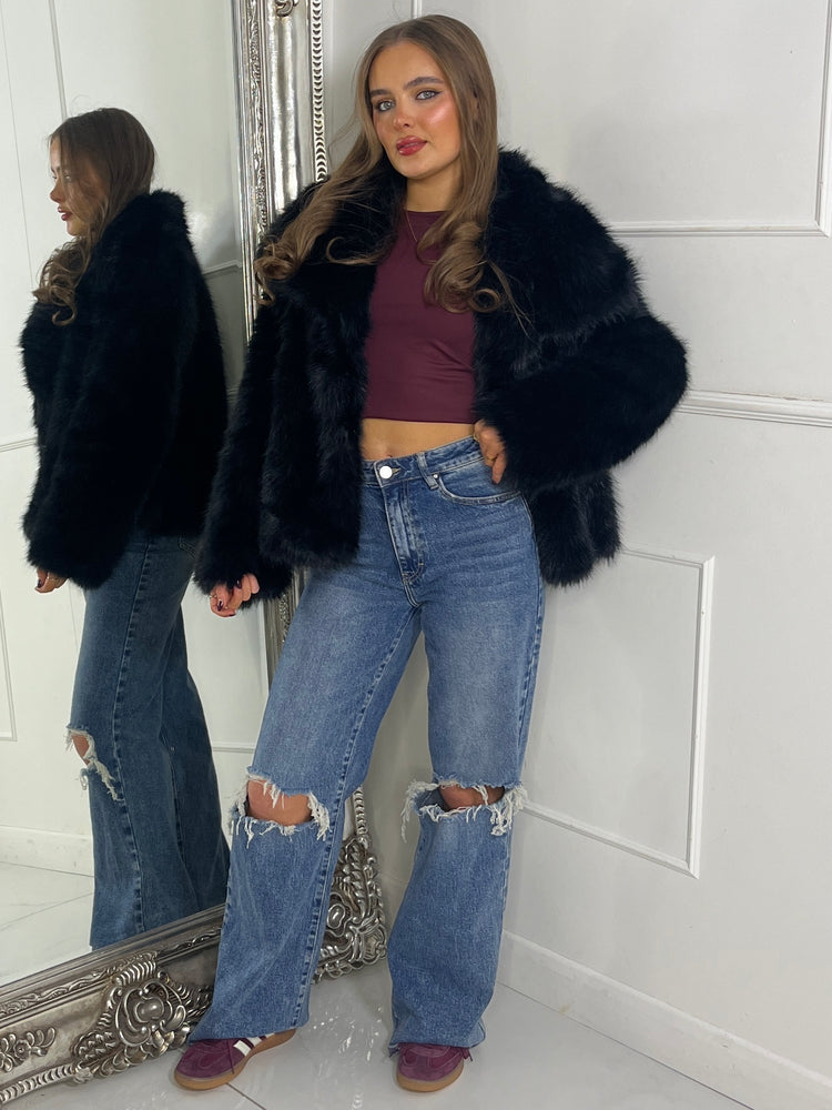 Soft Faux Fur Collar Detail Oversized Jacket - Black