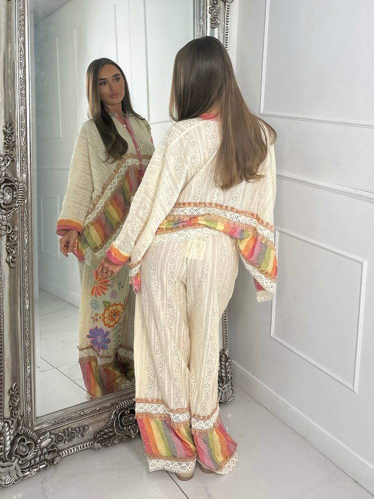 Multi Rainbow Stripe Detail Crochet Lace Button Top & Flares Co-Ord - Beige Multi
