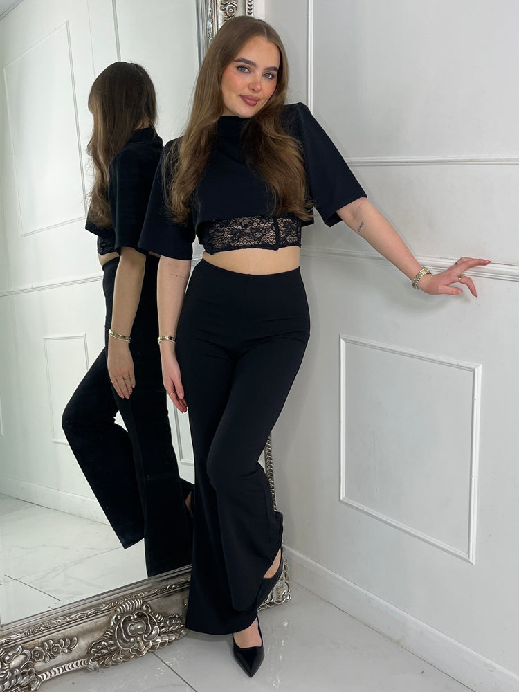 Padded Shoulder Cropped Tee With Lace Bra Underlayer & Kick Flares Co-Ord - Black