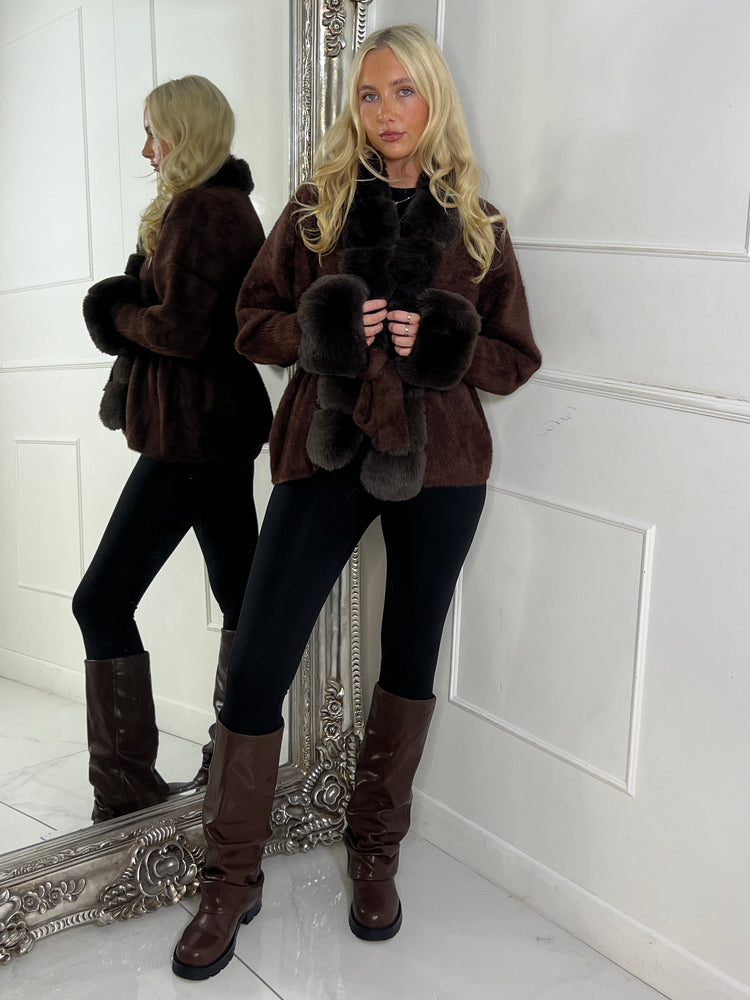 Faux Fur Trim Tie Belt Cardigan - Brown