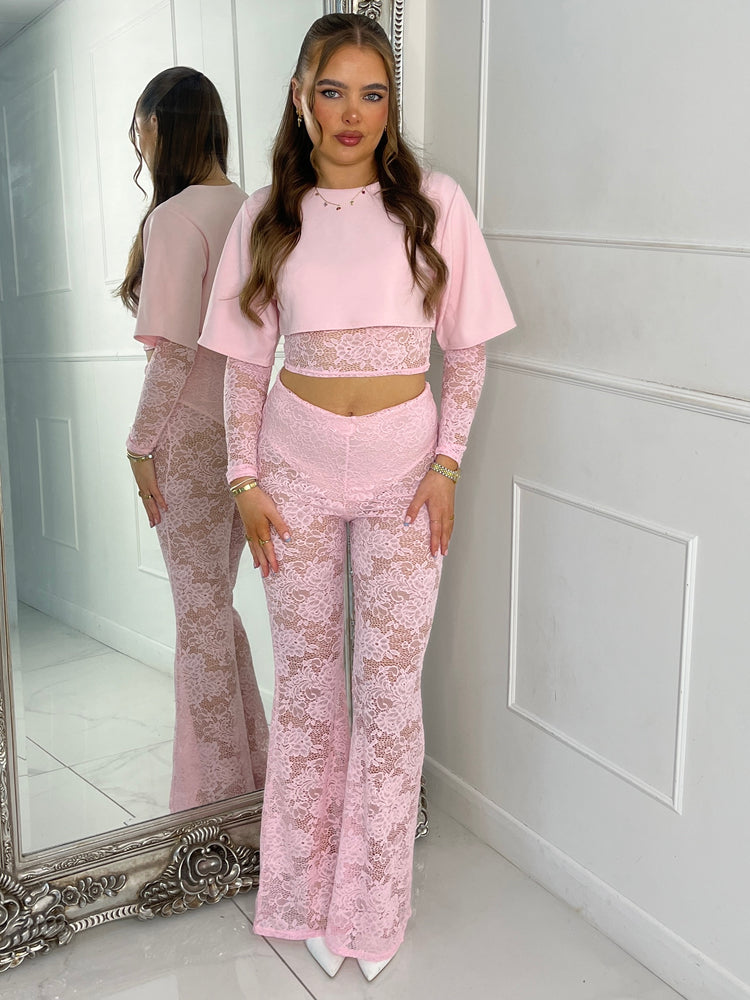 Round Neck Lace Underlayer Long Sleeved Cropped Top & Built In Pink Knicker Underlayer Lace Flares Co-Ord - Baby Pink