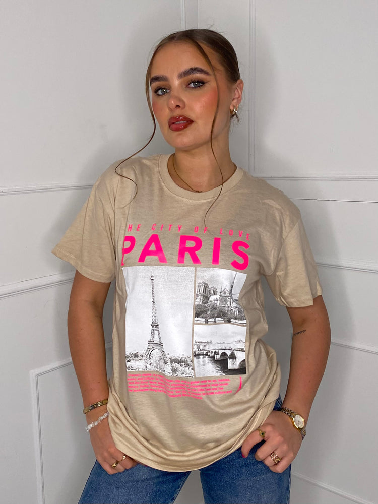 Paris Eiffel Tower Print T-shirt- Beige