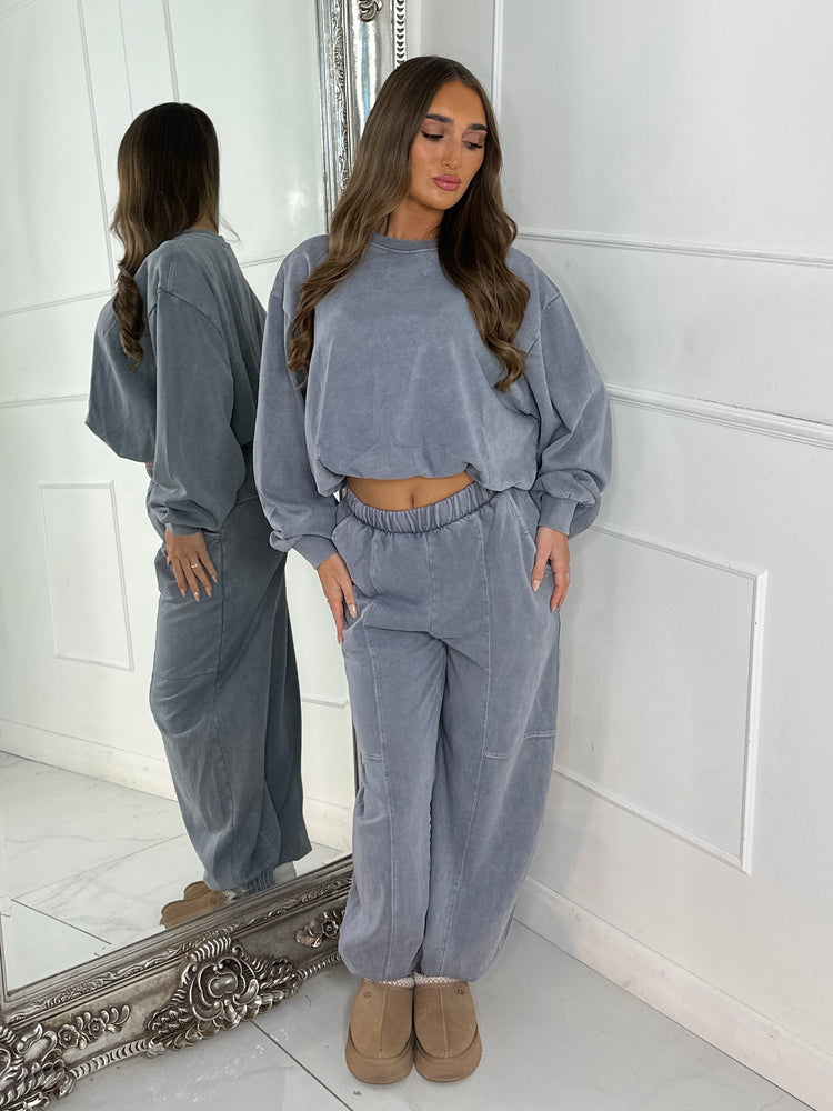 Bubble Hem Sweatshirt & Joggers Tracksuit - Acid Light Grey