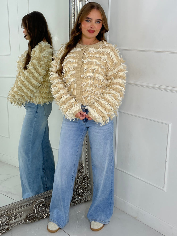 Soft Fluffy Loop Detail Cardigan - Beige/Cream Mixed