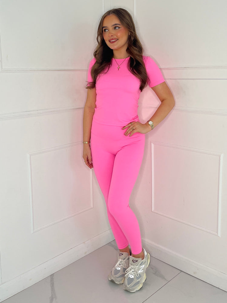 Sculpt Short Sleeve Top & Leggings - Neon Pink