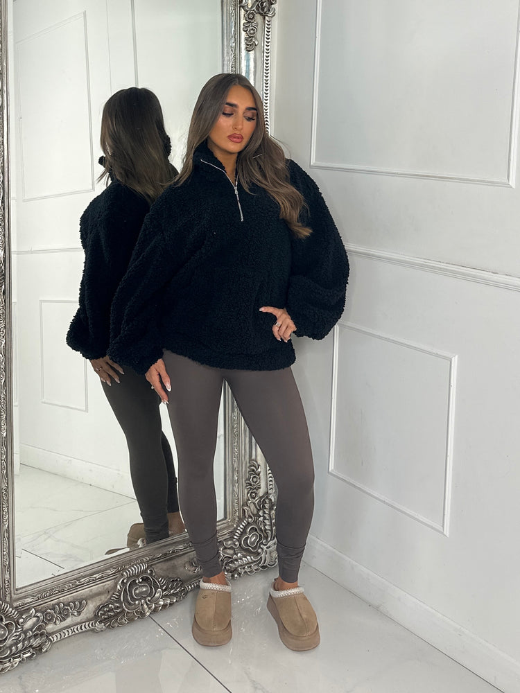 Plain Half Zip Teddy Fleece Jacket - Black