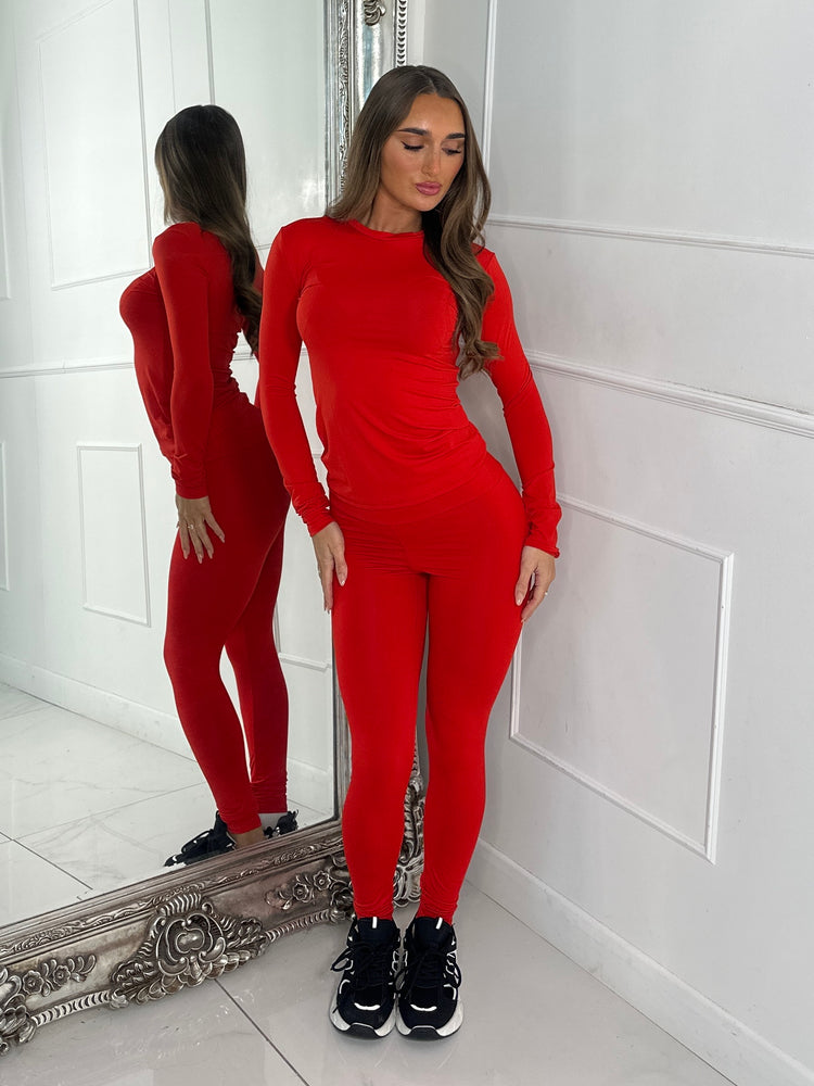 Round Neck Long Sleeve Second Skin Top & Sculpt Panel Leggings - Red