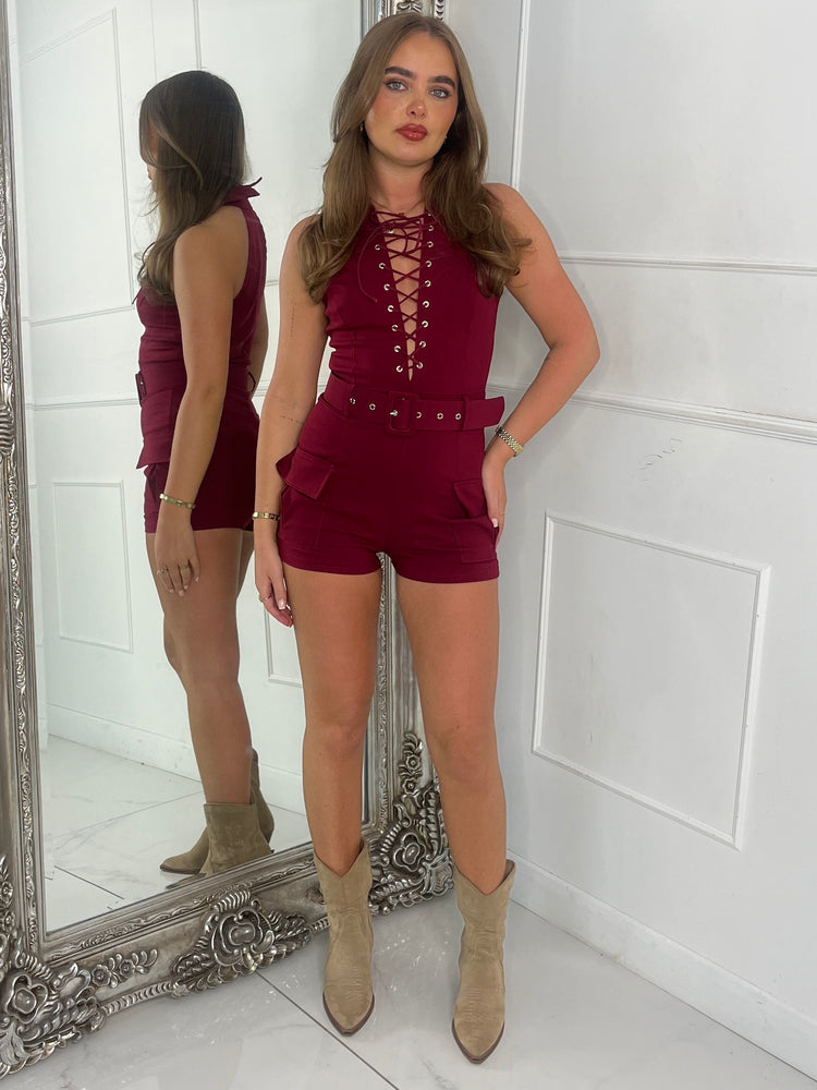 Collared Lace Up Cargo Playsuit - Wine