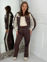 Hooded Colour block Jacket & Straight Leg Pants Set - Chocolate/Beige