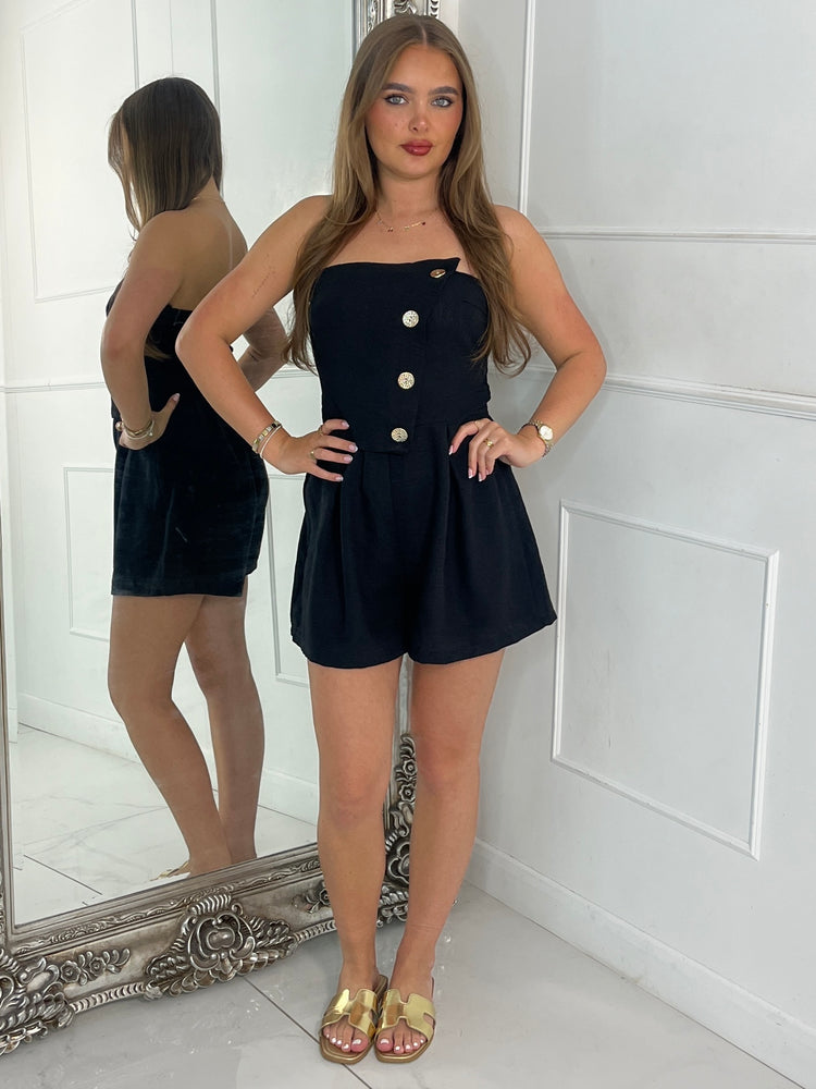 Fold Over Gold Button Playsuit - Black