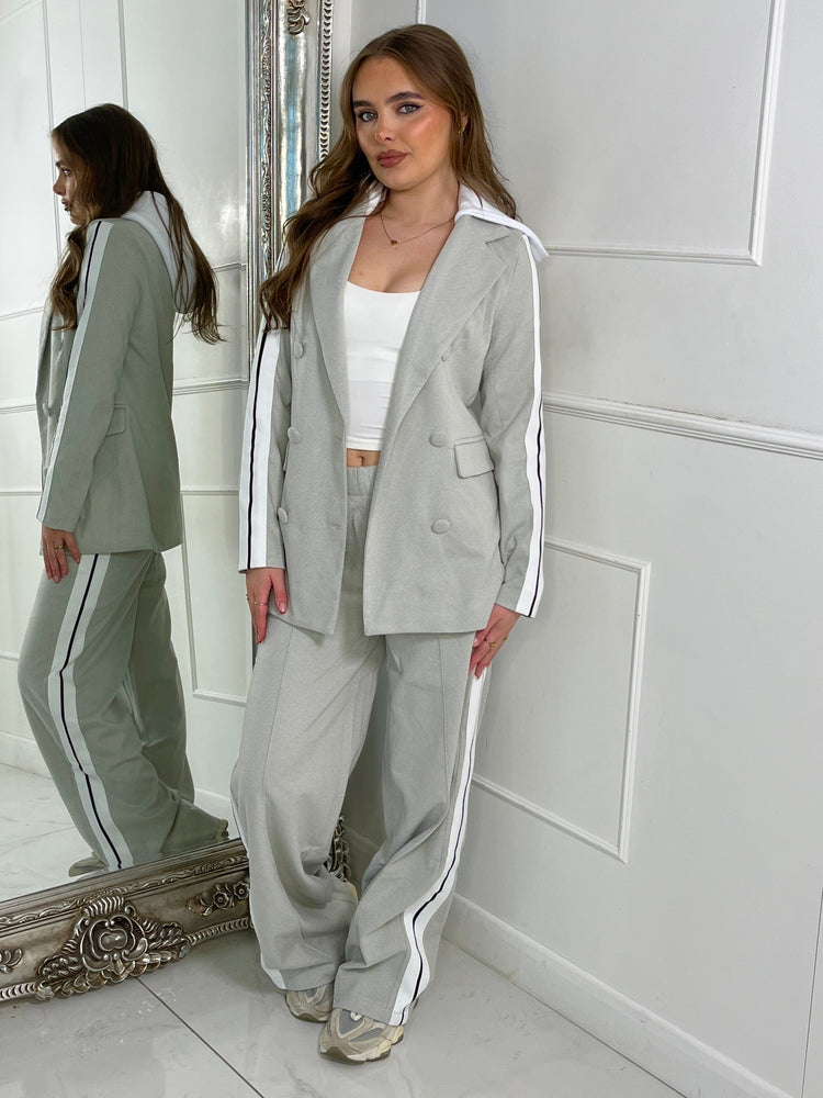 Stripe Side Blazer & Flared Pants Co-Ord - Beige with Black & White Stripe Detail