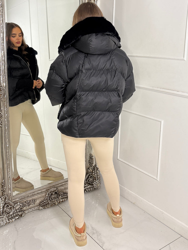 Hooded Puffer Coat With Faux Fur Trim - Black