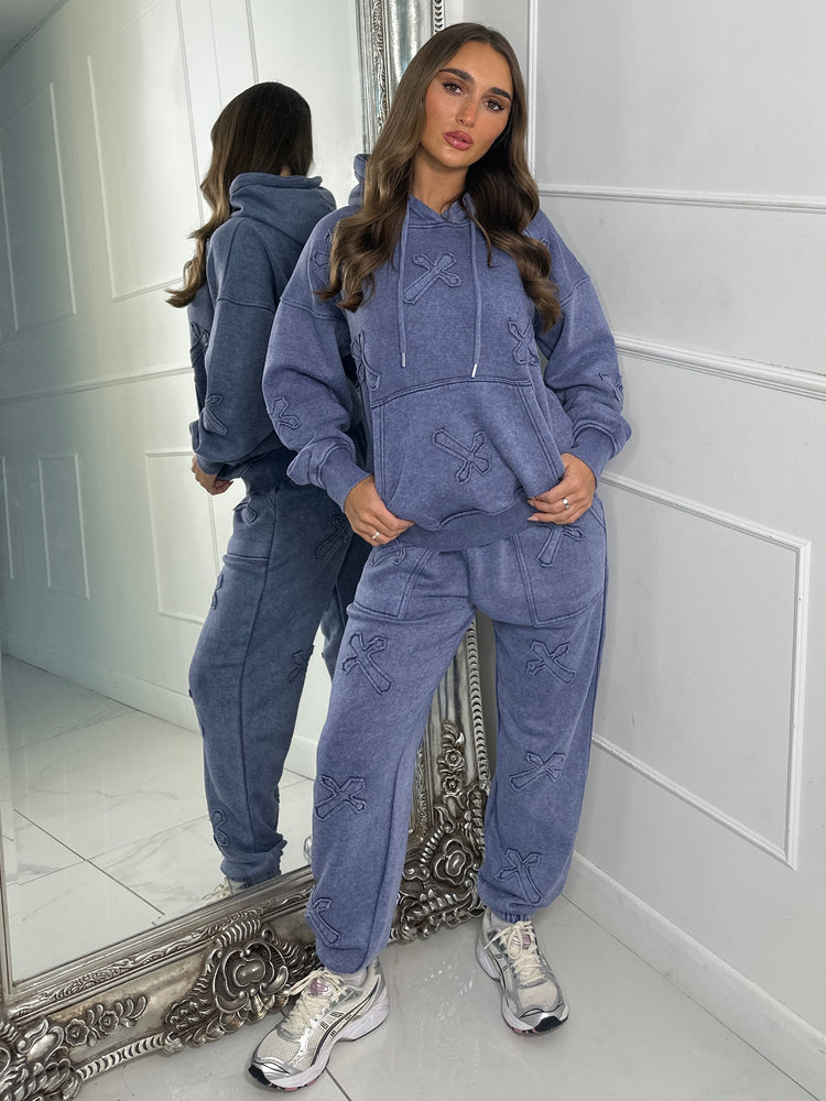 Embroidered Cross Hoodie & Joggers Set -Acid Blue