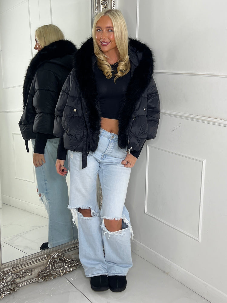 Hooded Faux Fur Puffer Coat With Buckle Detail - Black