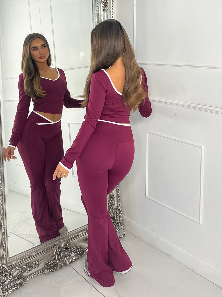 Crossover Ruched Bum Flares & Line Detail Long Sleeved Top - Wine