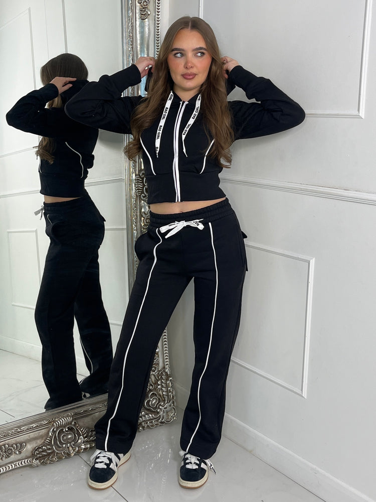 Hooded Drawstring Jacket & Flares With Stripe Detail - Black & White