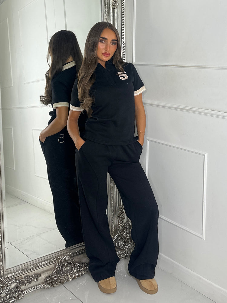 Soft Cotton Varsity Number Detail Matching Shirt & Straight Leg Joggers Set - Black