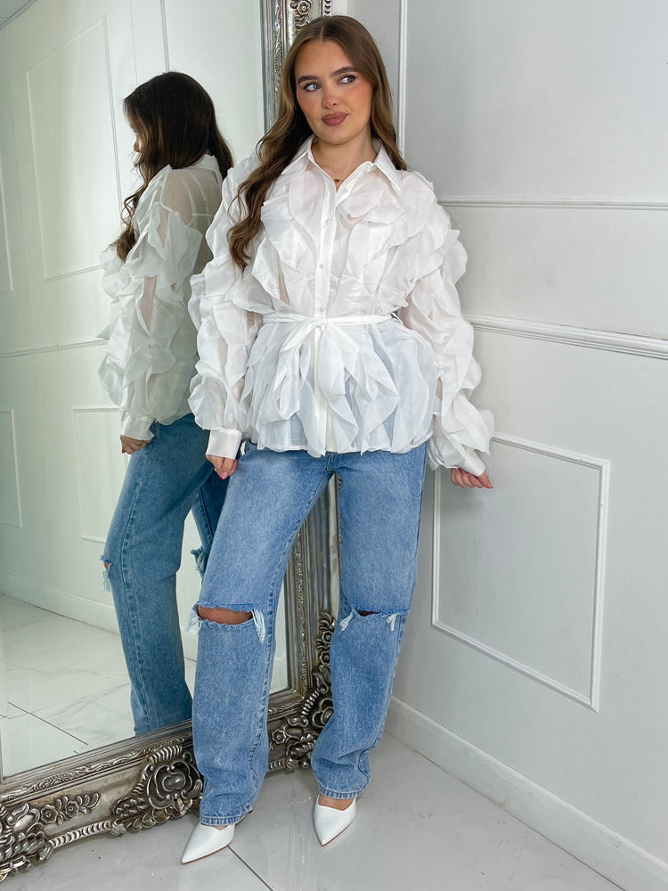 Belted Ruffle Detail Mesh Shirt - White
