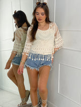 Short Sleeve Crochet Top With Sheer Vest Underlay - Beige