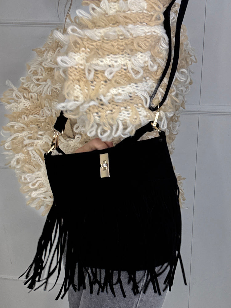 Small Suede Full Tassel Gold Lock Detail Shoulder Bag - Black