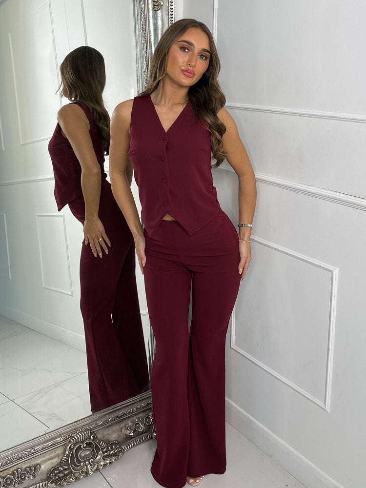 V neck Button Detail Waistcoat & Kick Flares Set - Wine