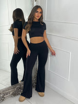 Heart Detail Crop Top & Wide Leg Pants Set - Black