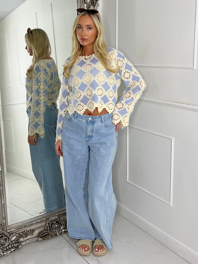 Multi Colour Contrast Crochet Top - Beige & Baby Blue
