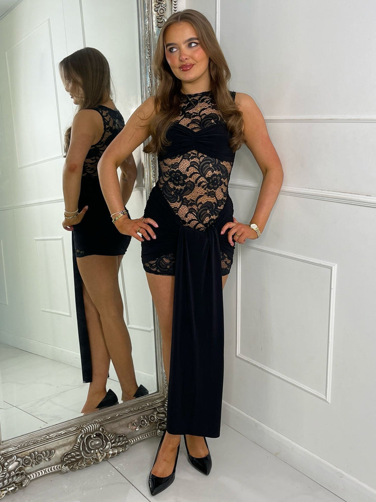 Sleeveless Lace Underlayer Detail Drape Dress - Black