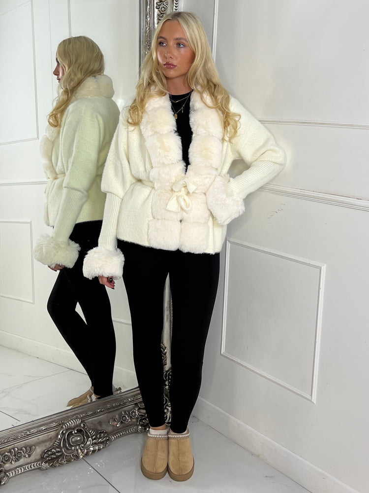 Faux Fur Trim Tie Belt Cardigan - Cream