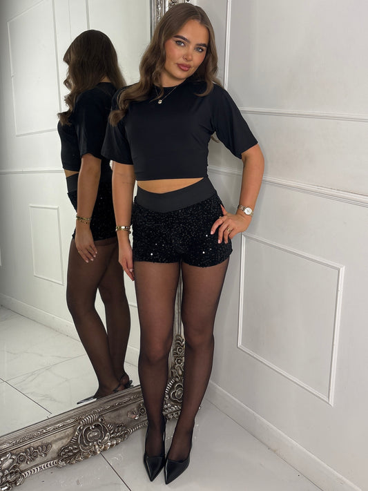 Velvet Sequin High Waisted Band Detail Shorts - All Black