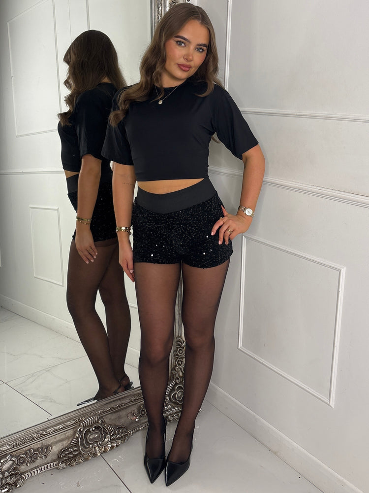 Velvet Sequin High Waisted Band Detail Shorts - All Black