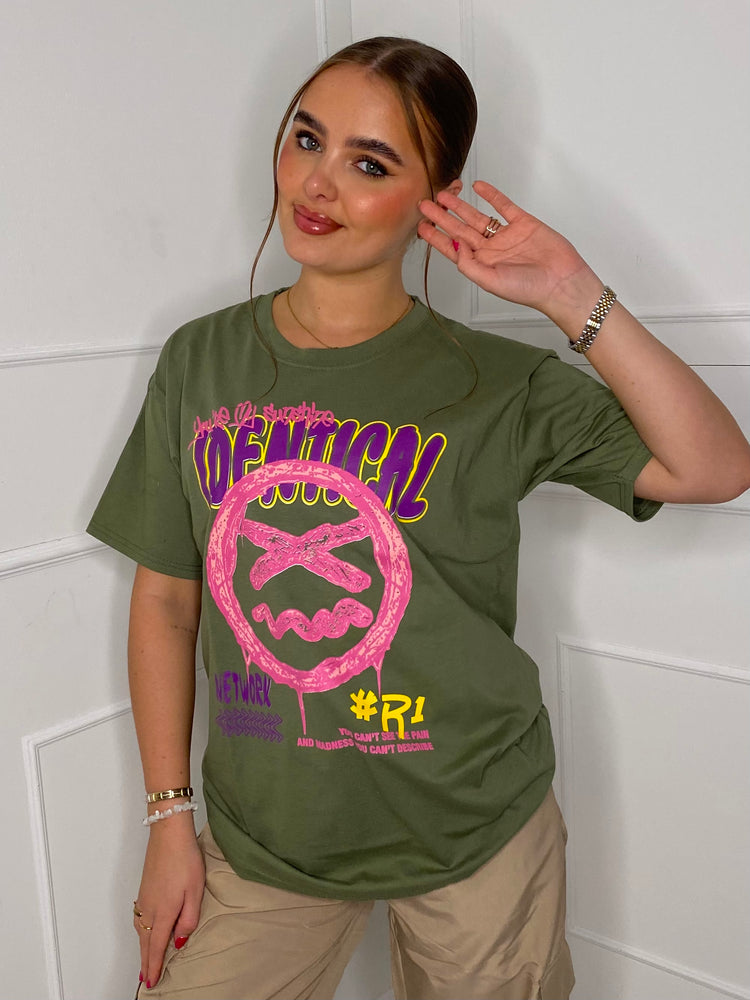 Identical Print T-shirt- Khaki