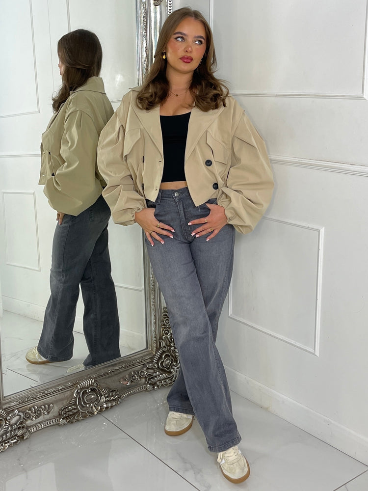 Crop Balloon Sleeve Trench Jacket - Beige