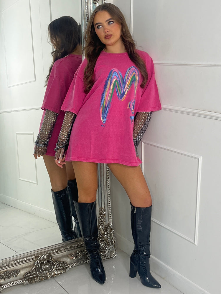 Rainbow M Chainmail Sleeve Oversized Tshirt - Pink