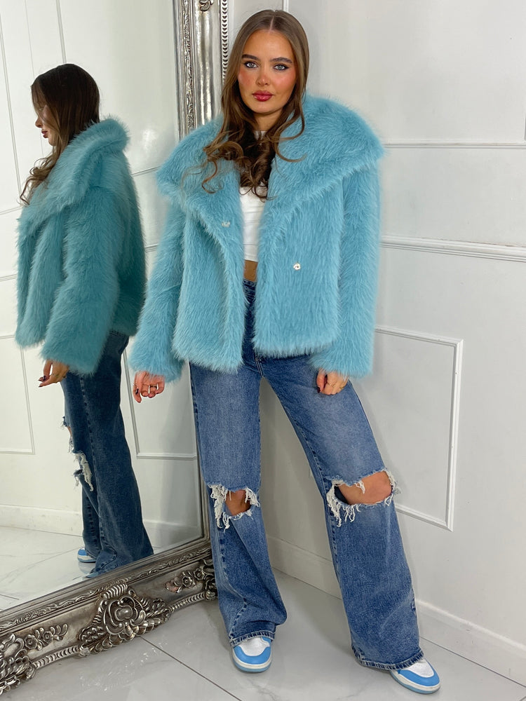 Soft Faux Fur Collar Detail Oversized Jacket - Sky Blue