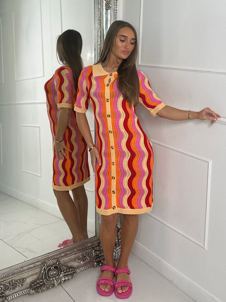 Multi Coloured Collar Detail Crochet Dress - Orange/Pink/Red