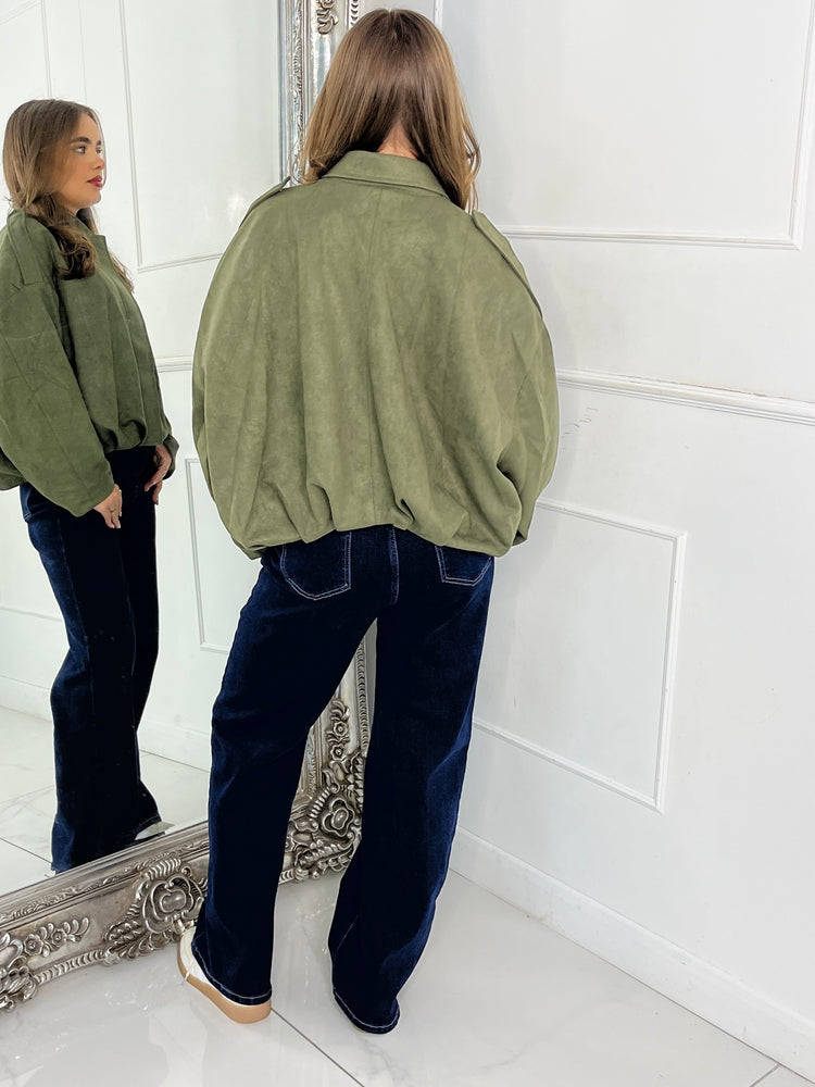 Suede Collared Oversized Bomber Jacket - Khaki